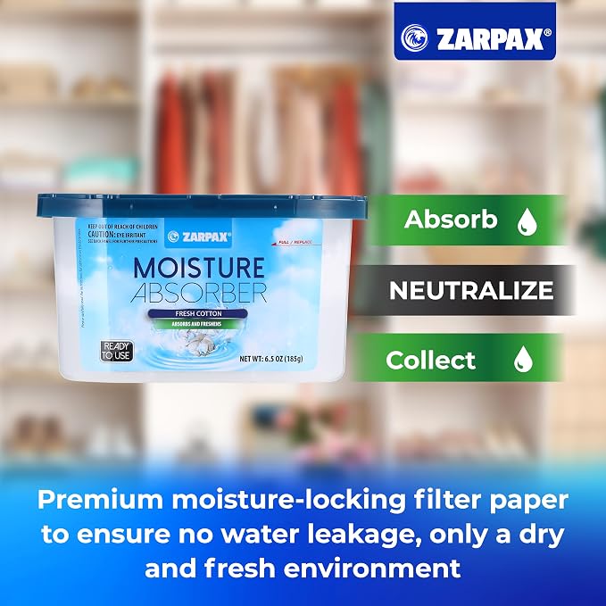 ZARPAX Moisture Absorber Fresh Cotton 6.5 oz/185g | Removes Moisture, Damp & Humidity | Odor Absorber With Fresh Cotton Fragrance | Moisture Trap for Bathroom, Closet, Kitchen | Set of 6