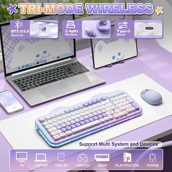 YUNZII C98 Wireless Mechanical Keyboard with Number Pad,99 Key BT5.0/2.4G/USB-C Hot Swap Gasket Mount with PBT MOA Keycaps,Custom RGB,Cute Cake Keyboard for Win/Mac (Purple, Milk V2 Linear Switch)
