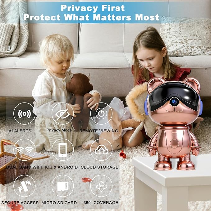 Cute Bear 3K Security Camera – Indoor WiFi Baby Monitor & Pet Camera with AI Motion Tracking & Auto-Follow, 5MP Pan/Tilt, Anti-Glare IR Night Vision, Privacy Mode, Works with Alexa & Google Home（TDB5）