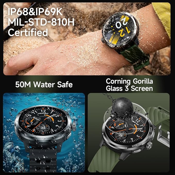 Ulefone Armor Watch Pro Military Smart Watches for Men, 1.50" AMOLED Corning Screen, 5ATM Waterproof MIL-STD-810H, 100+ Sports Modes/GPS/AI/Heart Rate/Sleep/SpO2 Monitor, Men's Fitness Tracker Watch