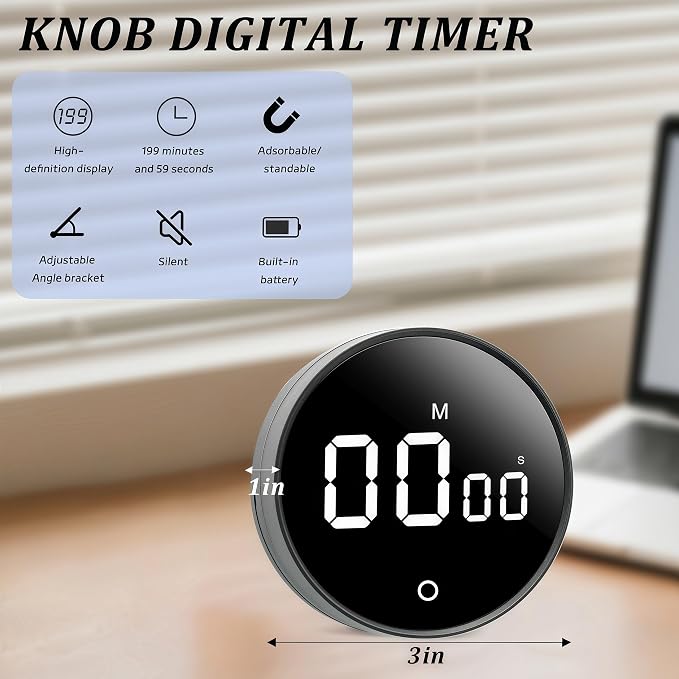 Digital Kitchen Timer - Magnetic 199-Minute Countdown Countup Timer with Large LED Display,Volume Adjustable, Visual timers for Cooking,Gym,Meeting,Classroom,Study,Work,Outdoor Activities,Black