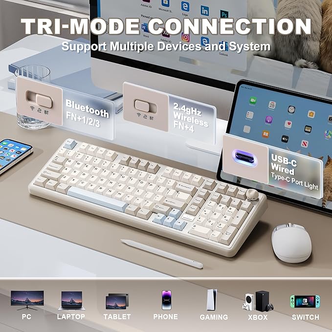YUNZII B98 PRO QMK/VIA Wireless Mechanical Gaming Keyboard,96% Layout with Numpad and Cute Cat Knob, BT/2.4G/USB-C,Linear Switch Hot Swap Gasket,RGB for Win/Mac (Beige, Milk V2 Linear Switch)
