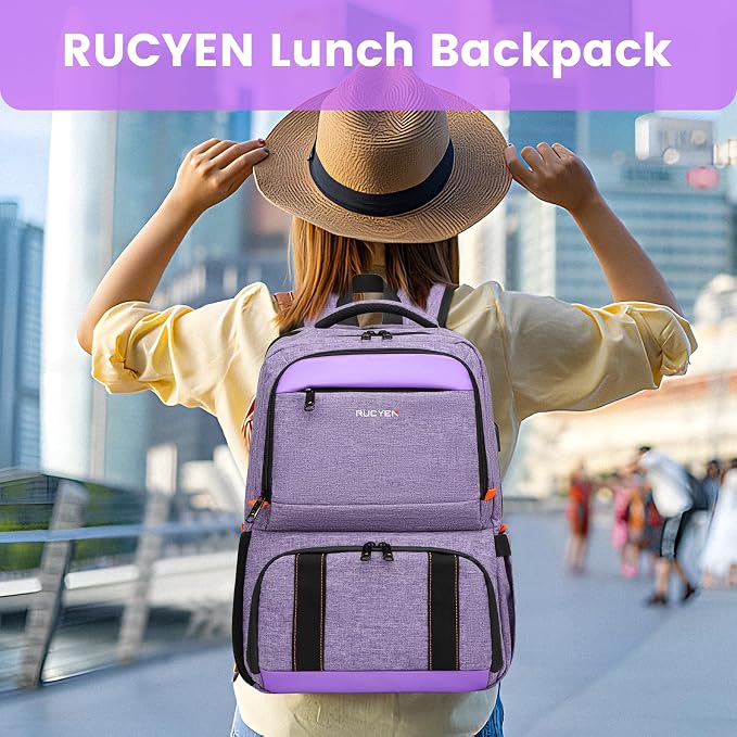 RUCYEN Lunch Backpack, Insulated Cooler Backpack Lunch Box for Women, 15.6 Inch RFID Blocking Laptop Backpack with USB Port, for Work Travel Picnics Hiking Purple