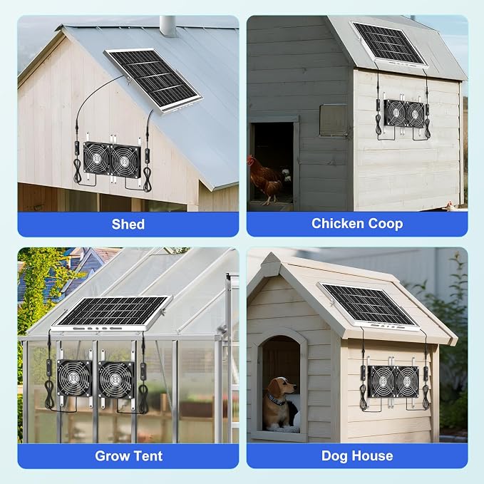 5.5" Solar Chicken Coop Fan 2 Kit, 20W Solar Powered Greenhouse Fan Outdoor Waterproof for Vent Exhaust & Intake, for Outside Shed Doghouse Ventilation Air Circulation Cooling, No Battery