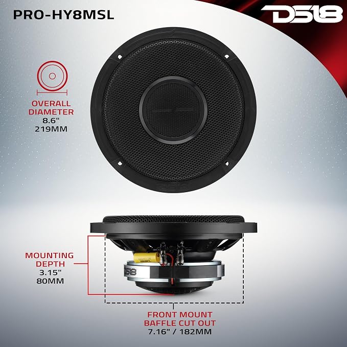 DS18 PRO-HY8MSL 8" Shallow Hybrid Mid-Range Car Audio Loudspeaker with Built-in Driver and Grill Included 400W Max 200W RMS 8 Ohms (1 Speaker)