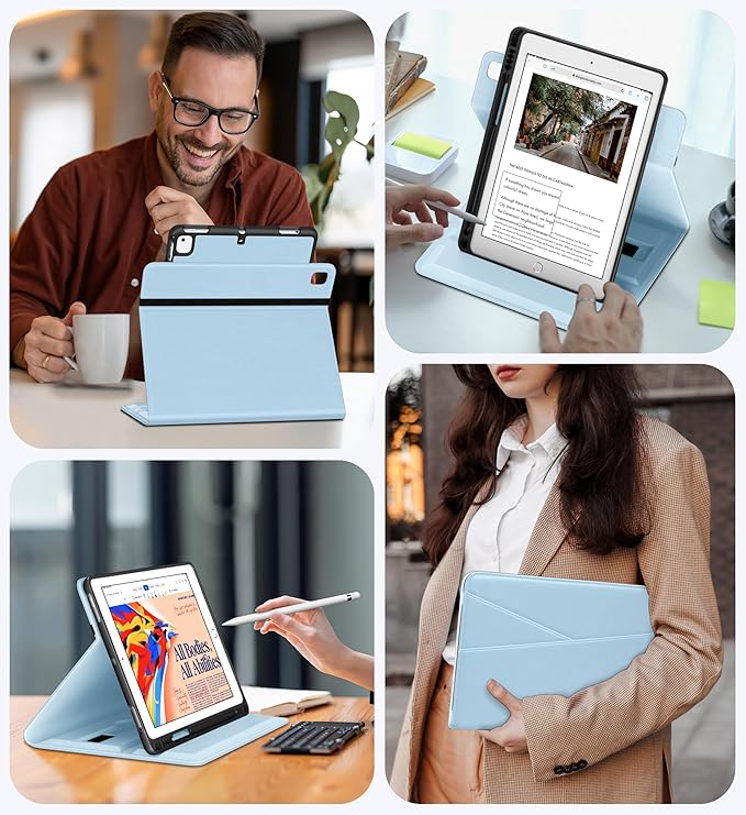 DTTO Rotating Case for iPad 6th / 5th Generation 9.7 Inch 2018/2017, iPad Air 2 / Air 1 Case, 360 Degree Swiveling Premium Leather Folio Stand Cover with Pencil Holder - Auto Wake/Sleep, Ice Blue