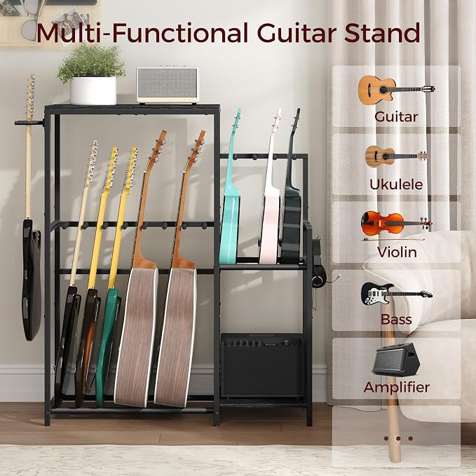 MAHANCRIS Guitar Stand, Multi-Guitar Rack, for Acoustic, Electric Guitar, Bass, Ukulele, Banjo, for 7 Guitars, Guitar AMP Stand, Record Rack, with Guitar Accessory Holder, EVA Cover, for Home Studio, Black GSHB8701