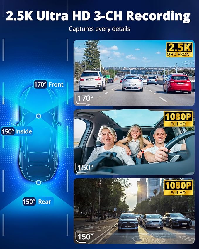 3 Channel Dash Cam Front and Rear Inside - 2.5K Car Dash Camera with 64GB Card, 5GHz WiFi Wireless Dashcam for Cars, APP Control, Super Night Vision, HDR, G-Sensor