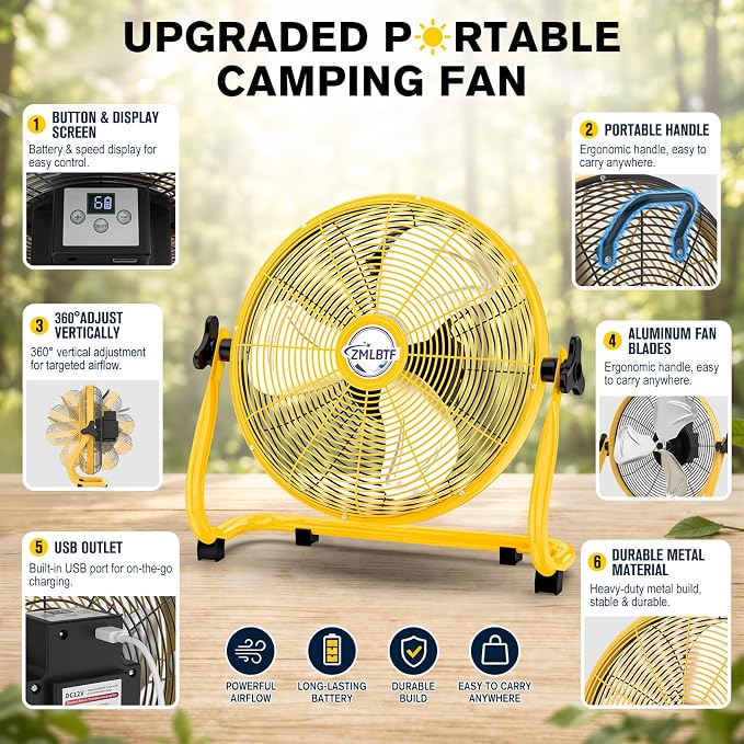 14" Solar Powered Fan with 20W Solar Panel & Rechargeable Battery, Portable, Quiet 12 Speed, 360° Tilt Head for Outside, Camping, Travel, Greenhouse, Chicken Coop, Patio, gazebo (Yellow)