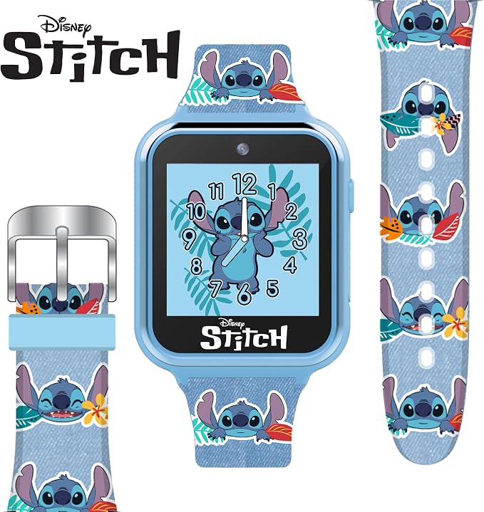 Disney Stitch Kids Smart Watch with 10 Customizable Faces, Camera, Voice Recorder, Calculator, and Step Counter – Touchscreen Interactive Watch for Kids – Blue Silicone Strap