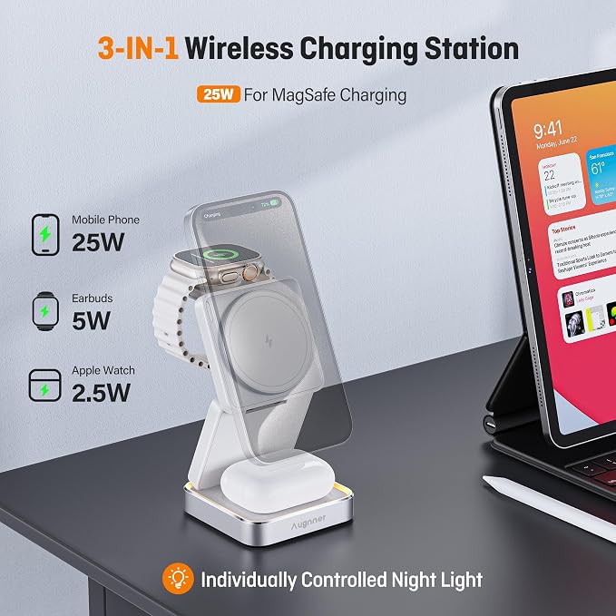 25W 3-in-1 Charging Station for Apple Device, Foldable Magnetic Wireless Charger, Fast Travel Charging Stand Compatible with Magsafe for iPhone17/16/15/14/13/12 Series, Apple Watch/AirPods