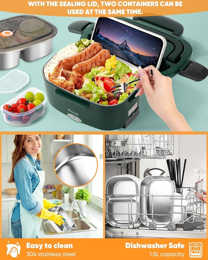 Eocolz Electric Lunch Box Food Heater 80W for Adults, Portable Food Warmer Heated Lunch Box for Car Truck Work with 1.5L Stainless Steel Container Fork & Spoon 12/24/110V Lonchera Eléctrica Portátil