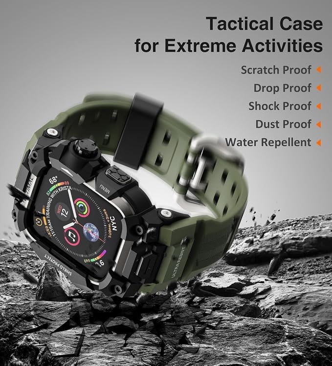 ULTIMAL Rugged Case with Band for Apple Watch Band 45mm,Compatible with Apple Watch Series 9/8/7 45mm,Military Grade Shockproof Bumper Cover for iWatch Tactical Band Men (Army Green, 45mm)