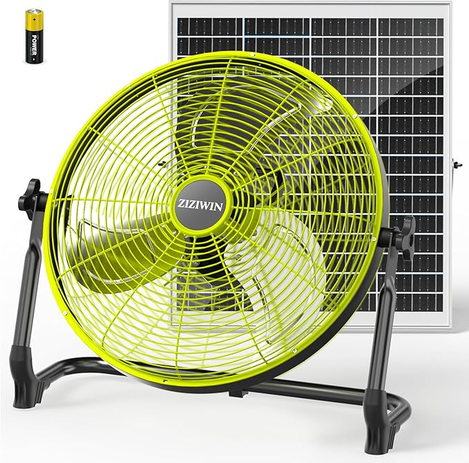 14" Solar Fan, 25W Solar Powered Cordless Greenhouse Fan, Rechargeable Battrey, Portable, 360° Tilt, 8~60H Runtime, for Outdoor Camping Gazebo Chicken Coop Patio Travel Shed Barn