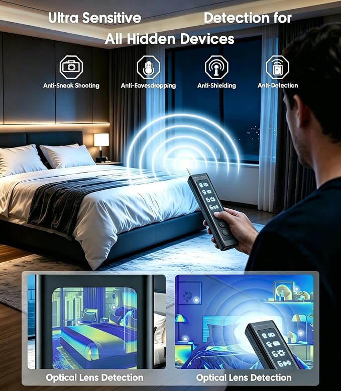 AI Hidden Camera Detector, Professional Privacy Protection Device & Wireless Device Detector, 6 Sensitivity Levels, 4 Modes, Privacy Protector for Hotel, Office, Car, Travel