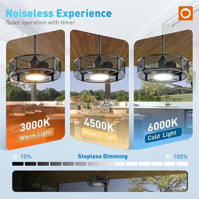 addlon 20 Inch Outdoor Ceiling Fans with Lights, IP65 Waterproof Plug in Caged Hanging Fan for Gazebo, Remote Control, 3 CCT, 6 Speeds Reversible Outdoor Fan for Patio, Pergola, Porch