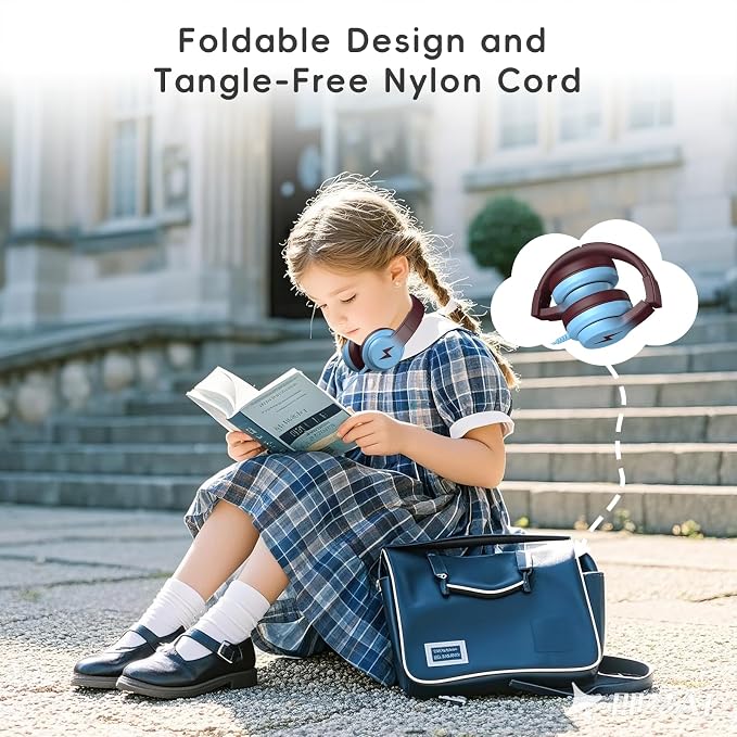 Candy Bila Kids Headphones, Wired Headphones for Kids Over Ear with Microphone, 85/94dB Volume Headphone for Girls Boys, Foldable Headphone for Learning & Entertainment, Gradient Caramel Blue