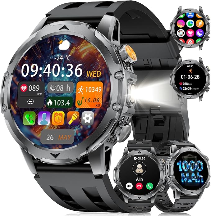 FITFLEX Military Smart Watch with Answer/Make Call （3 Silicone Strap）, 1.53“ HD Smart Watches for Men with 1000 mAh Battery/LED Torch/20+Sports/Waterproof IP68, Fitness Tracker iOS Android(Black)