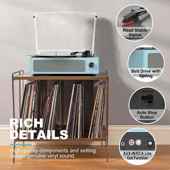 Vinyl Record Player with Speakers New Sleek Sky Blue Turntable Wireless Receiver Bluetooth Playback 3 Speed 3 Size AUX-in RCA Line Auto Stop All-in-one LP Phonograph for Beginner Classic Blue