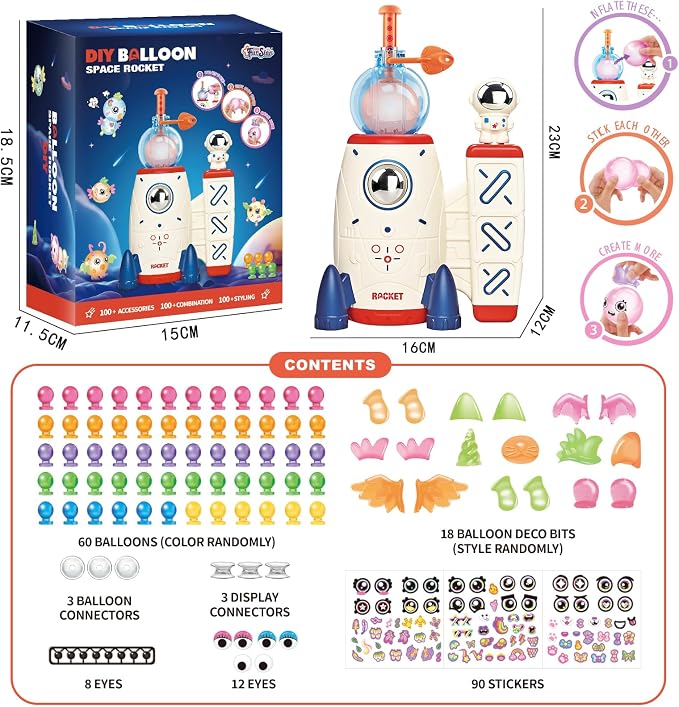 sticky balloon Rocket kit Ages 3-8 with Air Rocket Pump(4.28" x 5.9" x 7.08") Soft balloon, Stickers & Eyes Build Balloon Animals No Glue No Mess, Screen-Free Travel Gift for Girls Boys