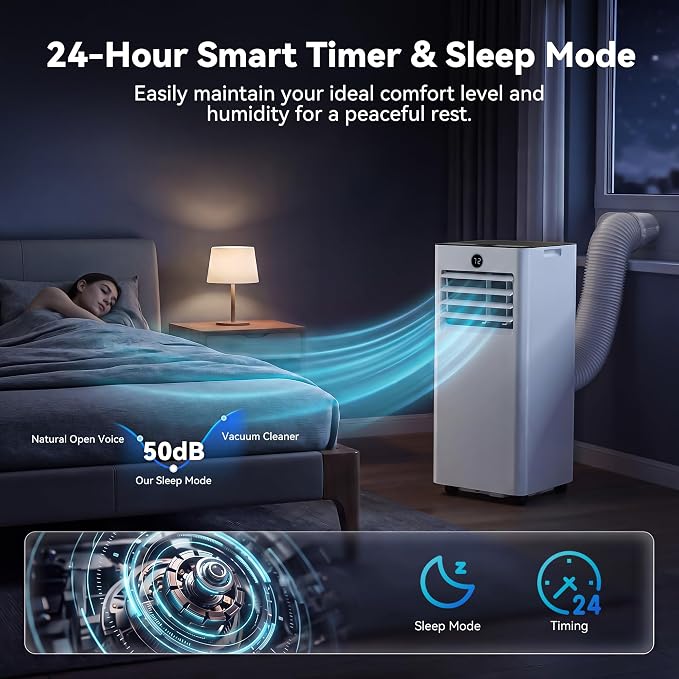 Quiet Portable Air Conditioner 8,000 BTU, Cools Rooms up to 350 Sq. Ft, Dehumidifier & Fan Mode, Sleep Mode, 24-Hour Timer, 26 ft Remote Control, Window Kit 1-piece(White)