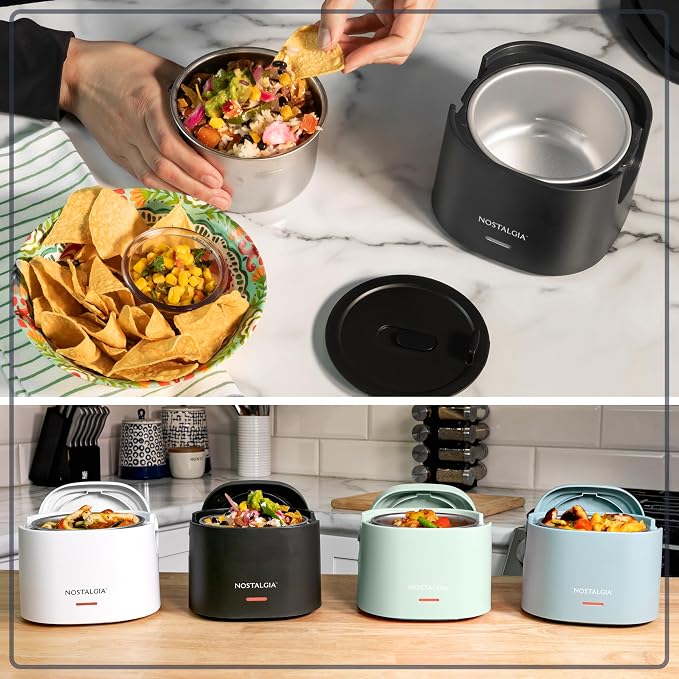 Nostalgia Portable Heated Lunch Box – 2.5-Cup Stainless Steel Food Warmer – Detachable Cord, Leak-Proof Lid, Carry Handle – Portable for Work & Travel – Black Berry