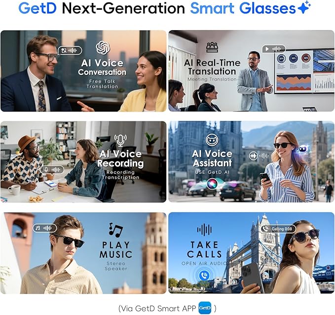 GetD Bluetooth Sunglasses for Men/Women, AI Translator, 11H Battery Life, Polarized Lens, UV Protection, Voice Control, Built-in Mic & Speakers, Smart Eyewear for Gaming Meeting Travel