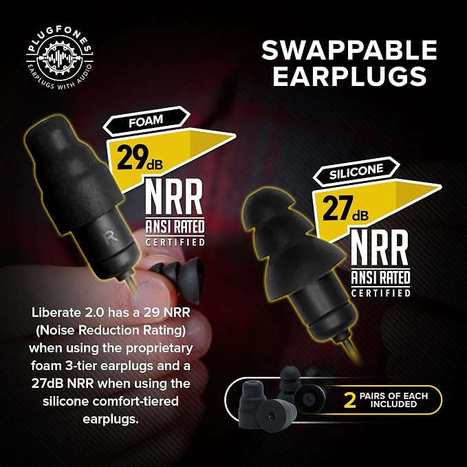 Plugfones Liberate 2.0 Bluetooth Earplug Headphones - Wireless Bluetooth in-Ear Earplug Earbuds - 29 dB Noise Reduction Headphones with Noise Isolating Mic and Controls (Black & Gray)