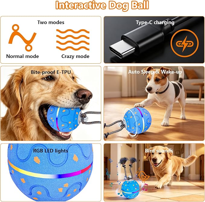 Smart Interactive Dog Ball – Automatic Moving, Bouncing & Rotating Toy for Medium/Large Dogs, E‑TPU Rolling Ball with Normal & Crazy Modes, Bird Sounds, Washable Cover, Type‑C Charging