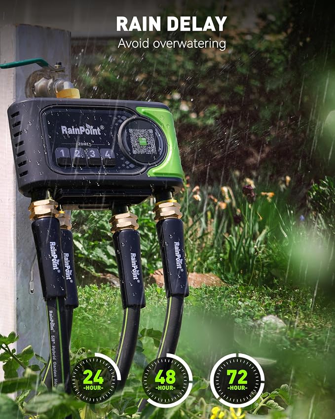 RAINPOINT WiFi Sprinkler Timer 4 Zone, 2027 New Version Outdoor Smart Water Timer for Garden Hose with Brass Inlet&Outlet, Custom Programs via APP/Voice Control (Lime Green, 4 Zone)