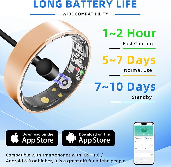 Smart Ring | No Subscription Fitness & Health Tracker Gold Size8 | 5ATM waterproof, 5day battery, Fitness & heart rate & SpO2 & pressure tracker, iOS & Android compatible, family care