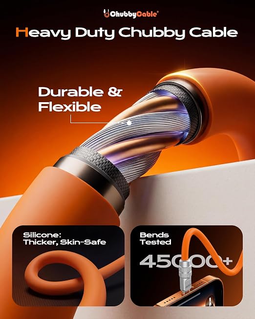 chubbycable Duo-Core Flex 2-in-1 USB C Cable 100W Fast Charging 5W [40Mins 80%] Magnetic Apple Watch Charger 4FT Soft Silicone Compatible with iWatch, iPhone, iPad, MacBook, AirPods, Orange