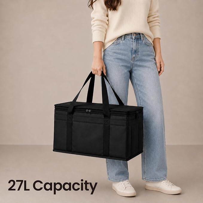 NZ home Insulated Bags for Food Delivery (Large) Grocery Shopping Cooler Bag, Pizza Delivery, Hot & Cold Catering Tote, Reusable, Foldable & Heavy Duty (Black)