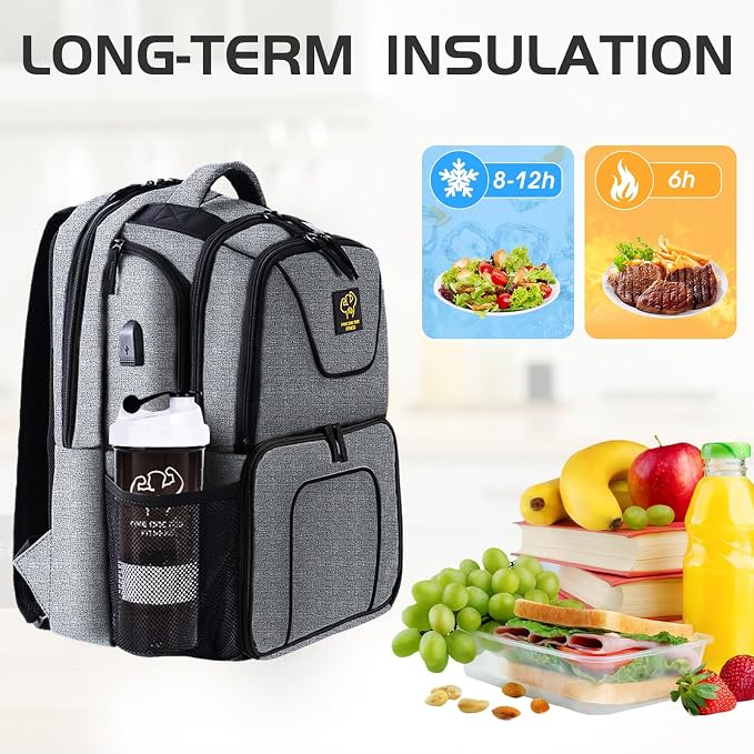 519 Fitness Meal Prep Backpack,Insulated Cooler Lunch Backpack with Computer Compartment,Hiking Picnic Cooler Backpack For Men and Women,3 Meal Containers,2 Ice Packs and Protein Shaker Included