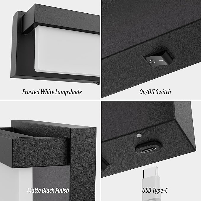 Battery Switched LED Wall Sconce Set of 2, Indoor 8 inch 3.5 Watt 3CCT Black Wall Sconce Light with On/Off Switch, Frosted Arcylic Shade Sconces for Bedroom Living Room Bathroom Hallway