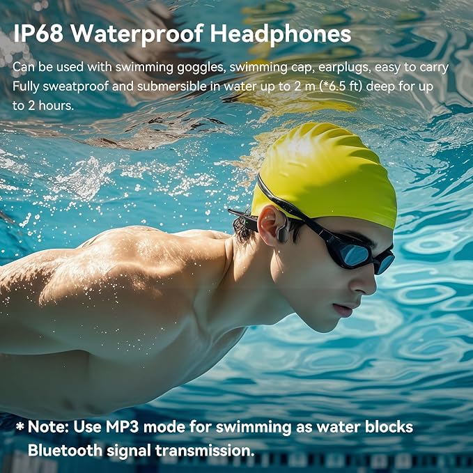 Full-Coverage Liquid Silicone Swimming Headphones,IP68 Waterproof Underwater Headphones, Bluetooth 6.0&MP3 with 32GB Memory Card,Soft/Skin-Comfortable Open Ear Bone Conduction Swim Earbuds(Black