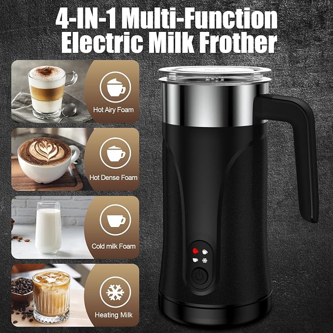 Milk Frother, 4-in-1 Milk Frother and Steamer, 10.1oz/300ml Automatic Hot and Cold Foam Maker and Milk Warmer, Electric Milk Frother for Coffee, Latte, Cappuccino, Matcha(Black)