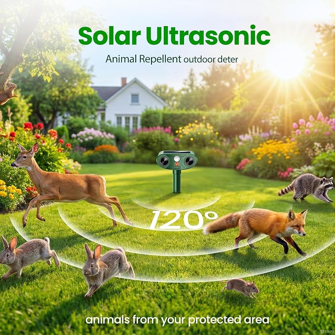 2026 Upgraded Ultrasonic Solar Animal Repellent Outdoor, Deer Repellent Devices Squirrel Cat Raccoon Rabbit Dog Deterrent with Motion Sensor for Yard Garden Lawn (4-Pack)