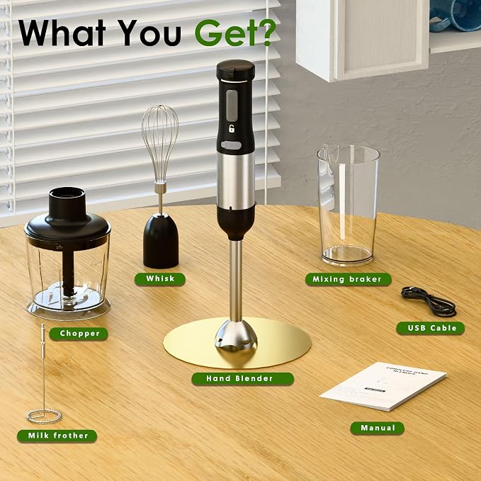 Cordless Immersion Hand Blender, 5-in-1 Variable Speed blender handheld,Rechargeable with 2000mAh Battery, BPA-Free & Dishwasher-Safe Accessories:700ml Beaker,Chopper,Whisk & Milk Frother,Ink