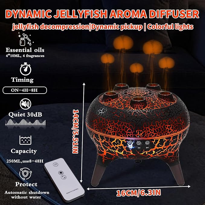 KCKJ Jellyfish Essential Oil Diffuser Sound-Activated Spray Dancing Jellyfish,250ml Aroma Air Diffuser, 3 Mist Modes & 7 Color Lights, Volcanic Lava Design for Home Bedroom(Black Crack)