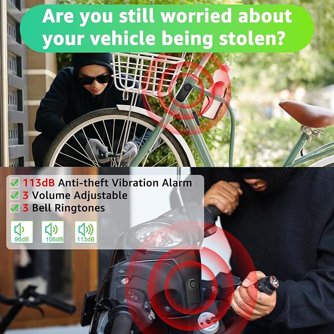 USUPERINK 2PK Bike Alarm with Remote, 113dB Bike Alarm,Ebike Alarm with Remote for Motorcycle Moped Scooter IP65 Waterproof Adjustable Volume Sensitivity Universal Remote Strap for All Handlebar Sizes