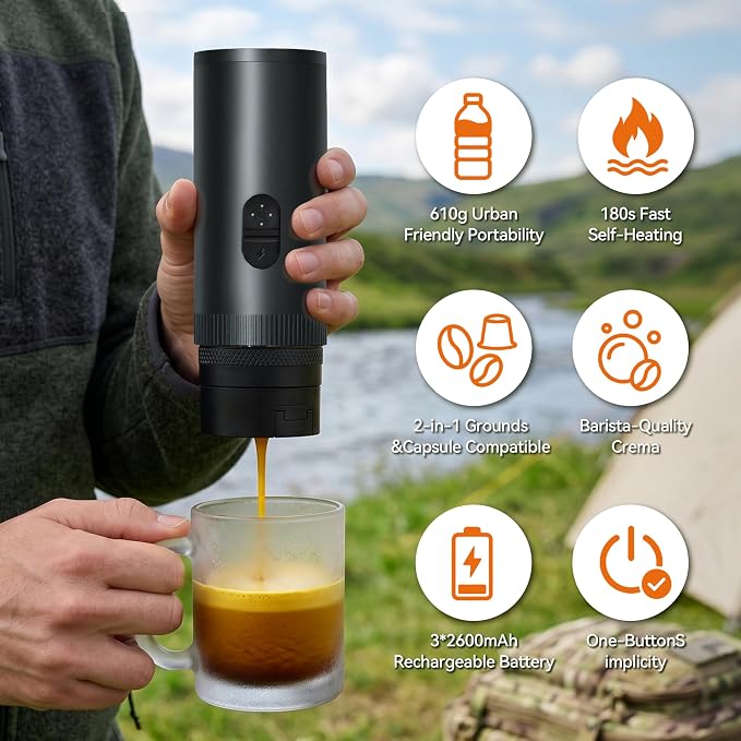 Portable Coffee Maker Electric Espresso Machine, 20 Bar Coffee Espresso Maker for Travel Self-Heating, Battery Powered with USB-C, 7800mAh, 2-IN-1 for Ground Coffee & NS Capsule, for Hiking, Office,RV