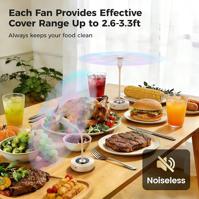 TriPole Fly Fans for Tables, 2000mAh Rechargeable Battery Operated Food Fan Lasts 20 Hrs with LED Display, Portable Fly Table Fan Indoor Outdoor for Picnic, Party, BBQ, Kitchen, Patio, 4 Pack Beige