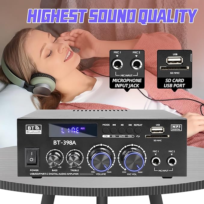 Joengoep BT-398A Stereo Audio Amplifier,Receiver for Speakers Max 900W,2.0 Channel Stereo Receiver with FM Radio,USB/SD/AUX Optical & Coaxial Input for Passive Speakers