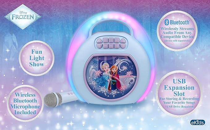 Disney Frozen Karaoke Machine for Kids, Bluetooth Speaker with Wireless Microphone, Designed for Fans of Frozen Toys