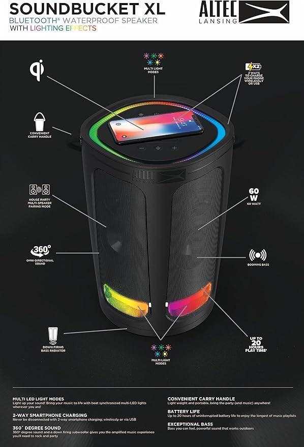 Altec Lansing Soundbucket XL - Waterproof Bluetooth Speaker with Customizable LED Lights, Qi Wireless Charging, 20 Hours Playtime & 100 Foot Range
