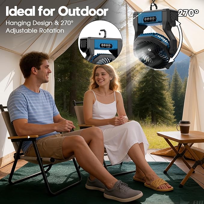 XZK 36000mAh Rechargeable Camping Fan, 98H Runtime Battery Powered Portable Travel Fan with LED Light, Tent Fans for Indoor,Outdoor,Fishing,Jobsite & Hurricane Emergency,Gifts for Men Dad Him,Blue