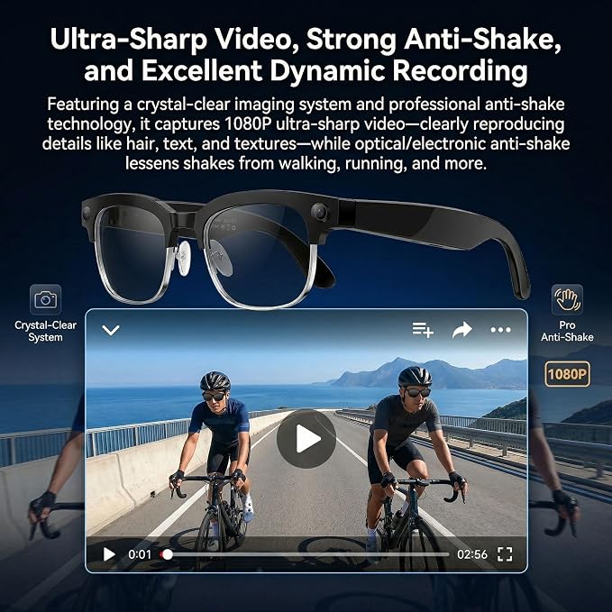 AI Smart Glasses with Camera, 1080P HD POV First-Person View Video Recording and Translator, AI Object Recognition, Bluetooth Audio, 290mAh Battery, Photochromic Lenses for Sports, Travel, Work