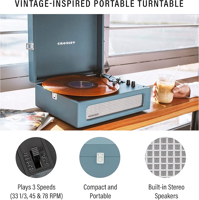 Crosley CR8017B-WB Voyager Vintage Portable Vinyl Record Player Turntable with Bluetooth in/Out and Built-in Speakers, Washed Blue
