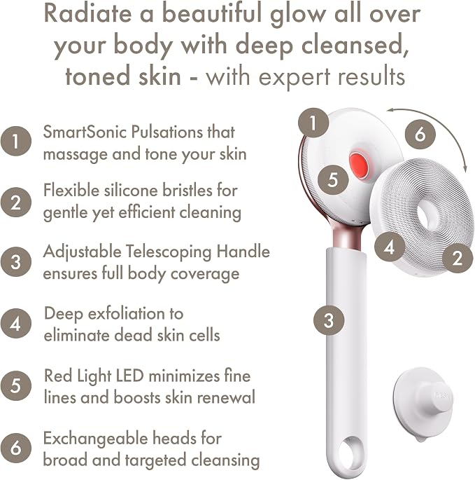 GESKE LED Sonic Full-Body Brush | 9 in 1 | Body Cleansing Brush & Intensive Exfoliator with LED | with SmartSonic Pulsations | Expert Deep Cleansing & Massage | Rough Skin Remover | Adjustable Handle
